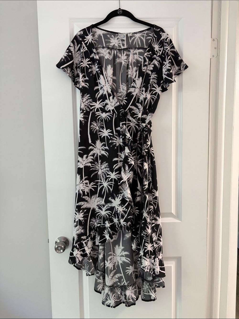 Blue Rain Black & White Palm-Print High-Low Wrap Dress